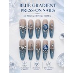 Blue Glitter Gradient Long Stiletto Press‑On Nails, Luxurious 3D Bow Pearl Rhinestone False Nails